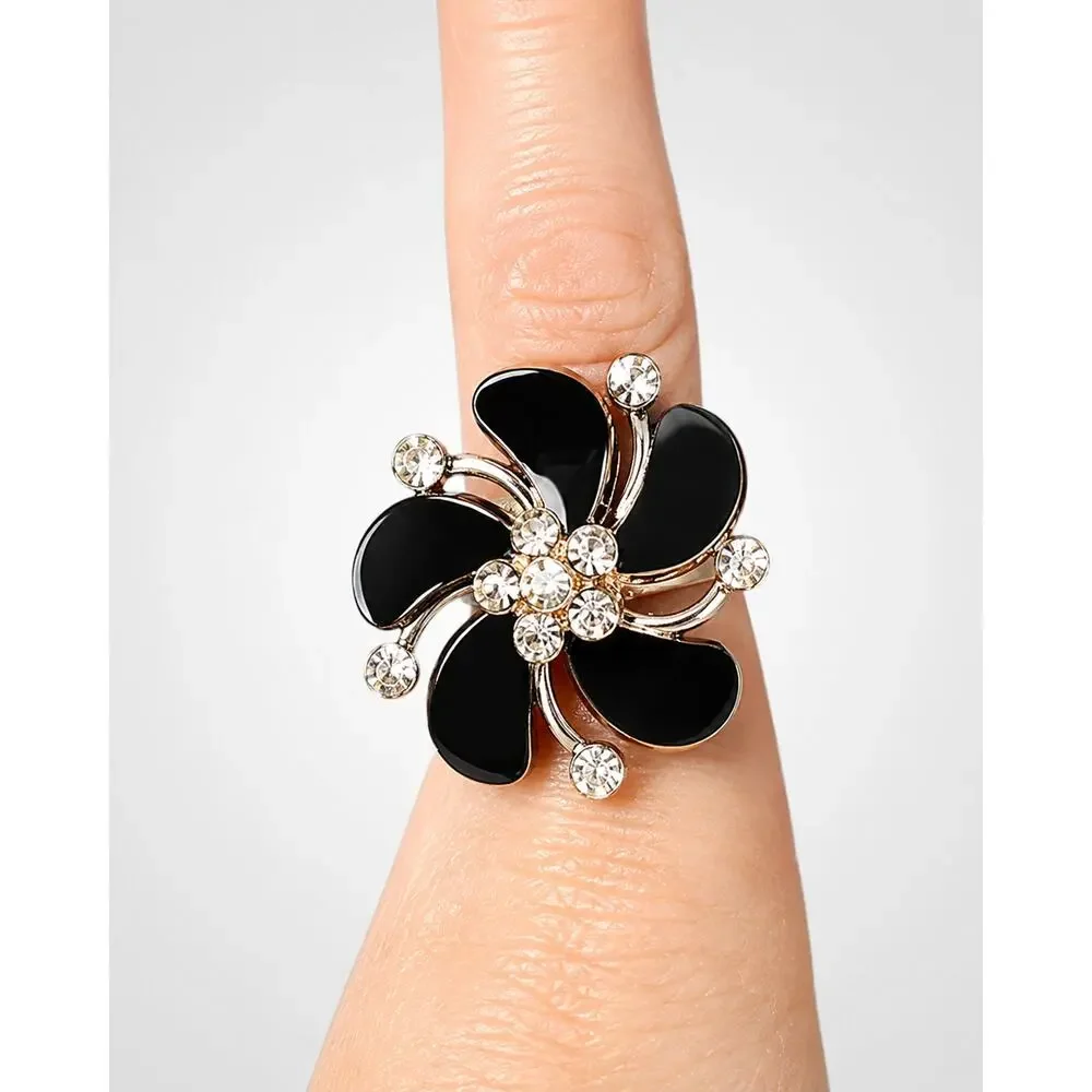 Vintage Large Mid-century Black‎ Glass Floral Adjustable Ring, Silver-tone r-8